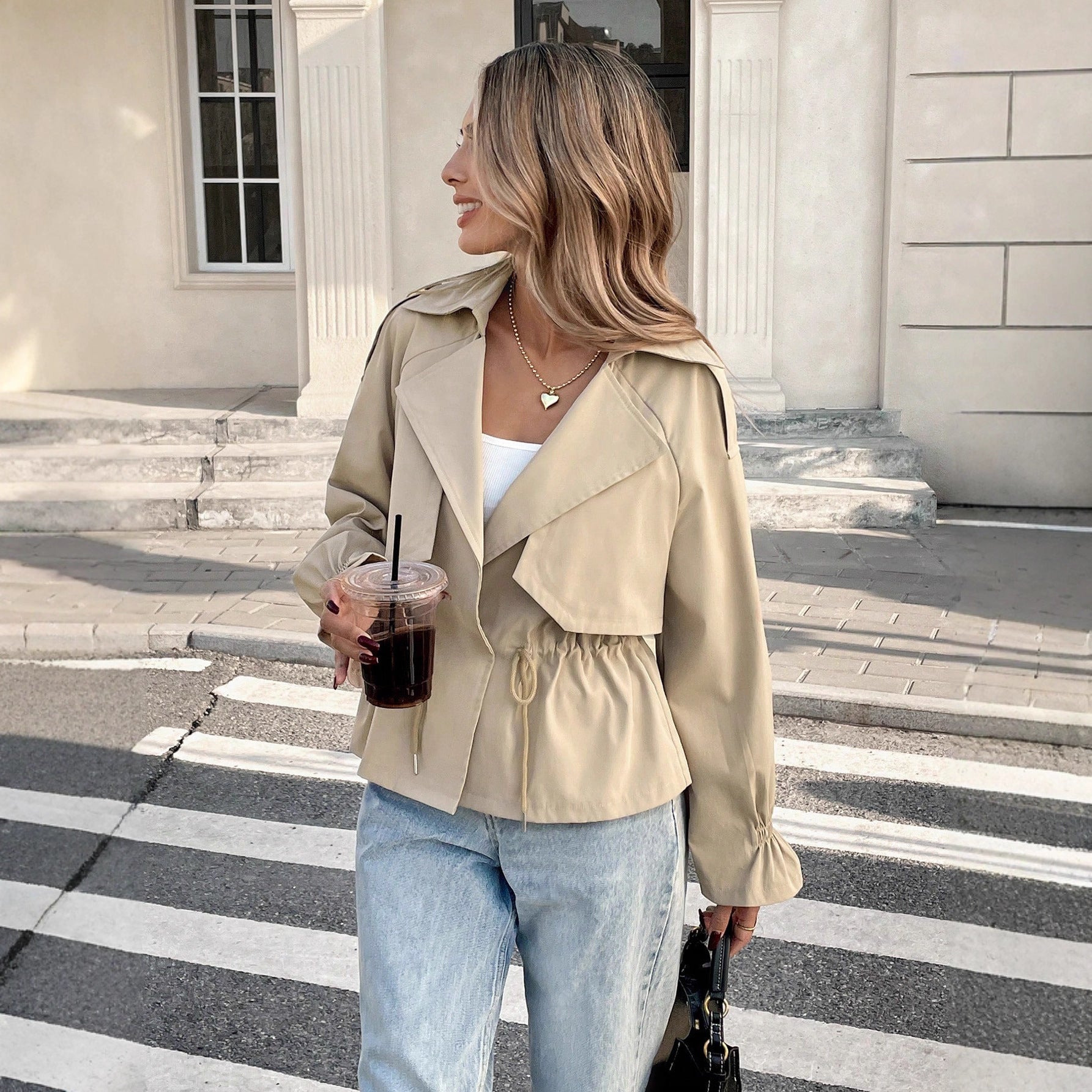 Drawstring-waist Relaxed-fit Figure-flattering Trendy Coat For Petite Frames 