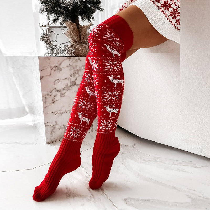 Winter Christmas Warm Knitted Women Stocking Beautiful Elk Snowflake Jacquard Over-the-knee Casual Long Socks For Ladies Gifts Free Size CJ