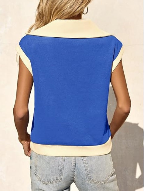 Fisoew Womens Half Zip Sweatshirts Short Sleeve Color Block Lapel V Neck Loose Summer Pullover Tops CJ US
