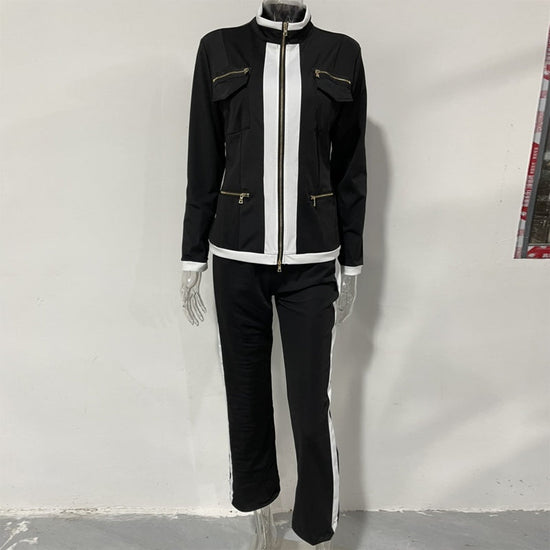 Women's Casual 2-Piece Sport Set, Color-Block Zip Jacket & Straight Leg Pants For Spring And Fall 