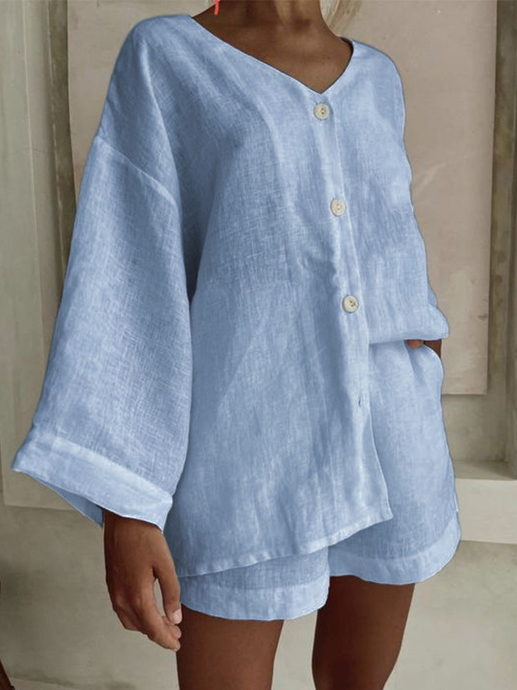 Fashionable Cotton-Linen Shirt And Shorts Casual Set 