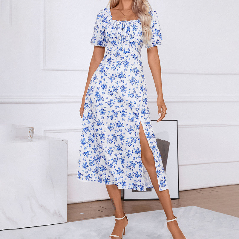 Women's Square Neck Floral Print Dress With Puff Sleeves & Side Slit - Elegant Spring Summer Boho Maxi Dress CJ US