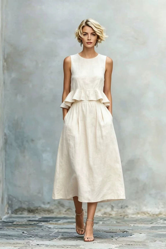 Sleeveless Crew-Neck High-Waisted Ruffle-Trim Resort-Style Dress 