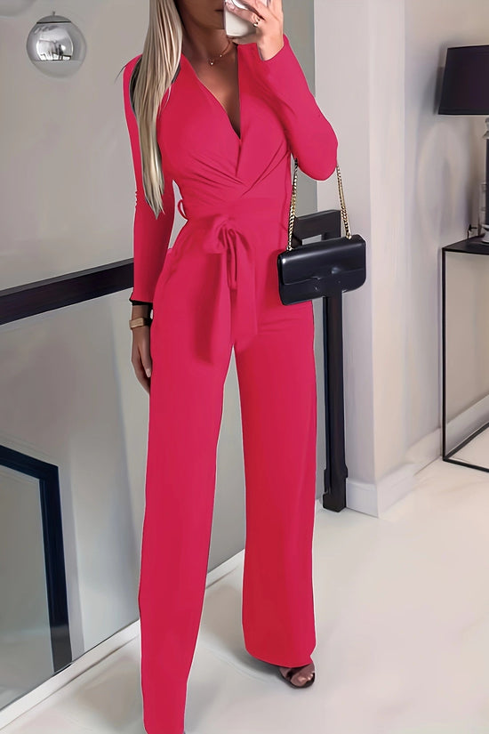 Women's Solid V-neck Bow Tie Waist Slimming Fashion Jumpsuit CJ US