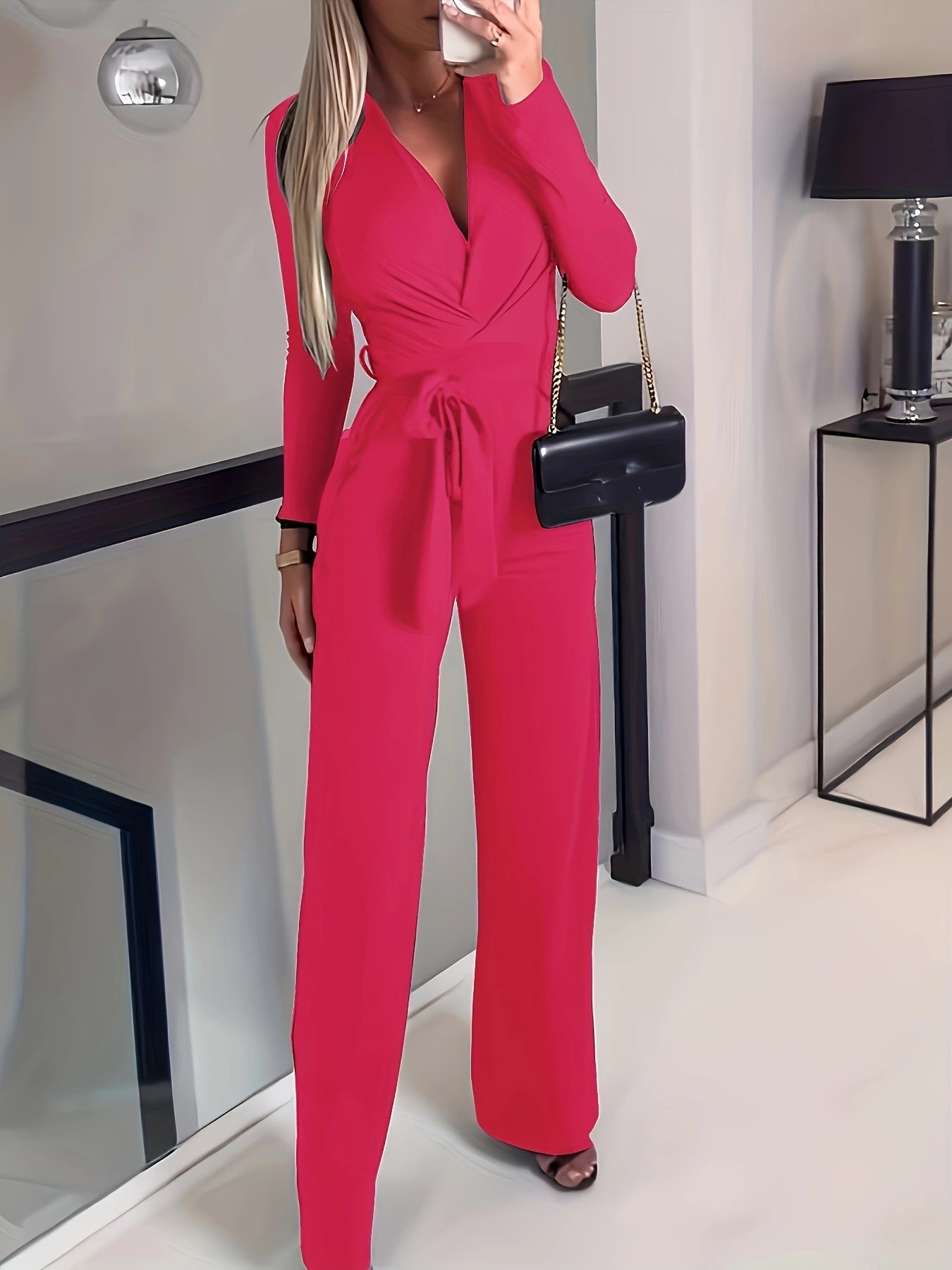 Women's Solid V-neck Bow Tie Waist Slimming Fashion Jumpsuit null