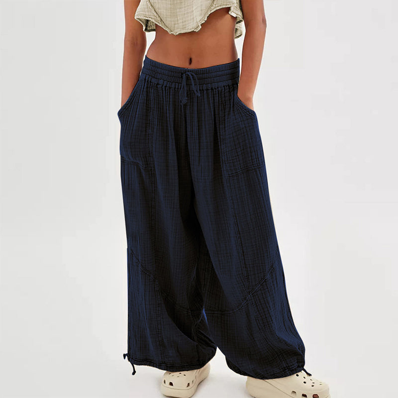 Women's Solid-color Wide-leg Pants With Elastic Drawstring Waist Elasticized Leg Cuffs Side Pockets For Spring&Fall Fashionable Simple Wear CJ US