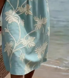Resort Style V Neck Printed Loose Fitting Mid Sleeve Dress 