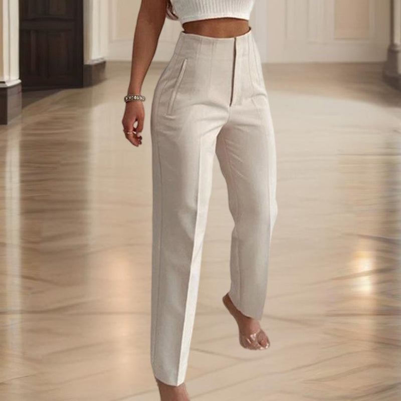 Women's High-Waisted Straight Leg Pants Casual Solid Color Pants With Button & Zipper Detail Comfortable Trousers With Pockets CJ US