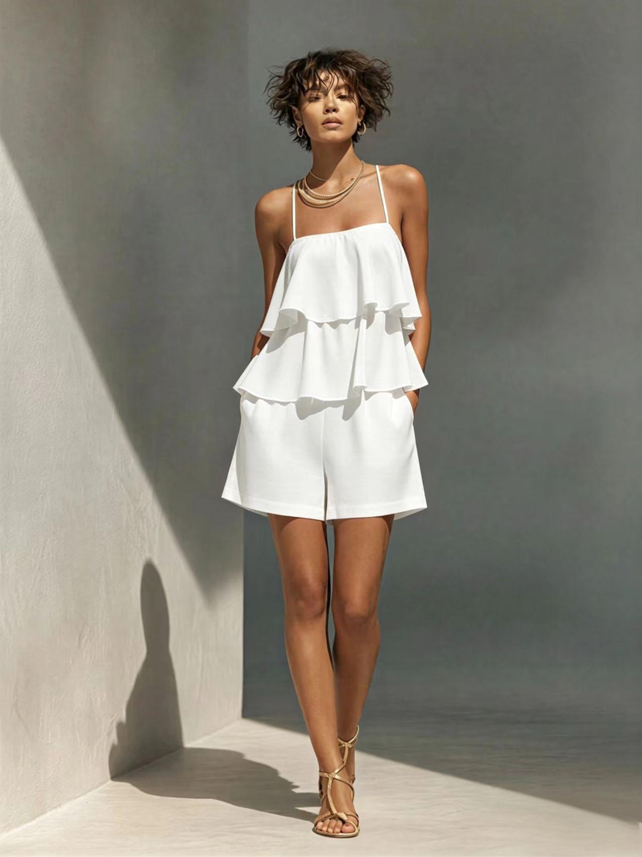 Multi-layer Ruffle Loose Camisole And Shorts Set 