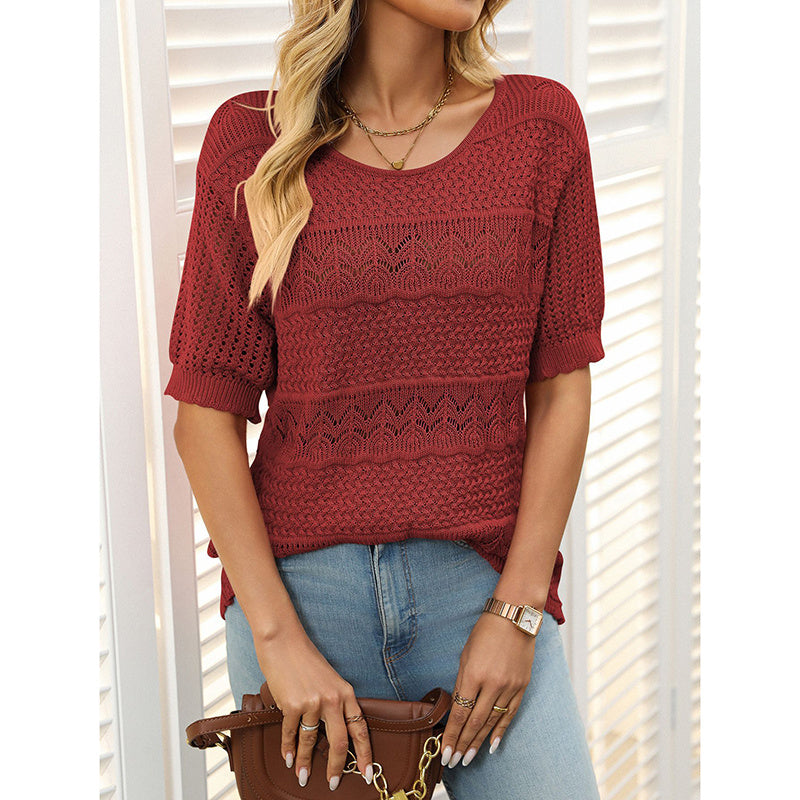 Women’s Short Sleeve Crochet Knit Hollow-Out Top CJ US
