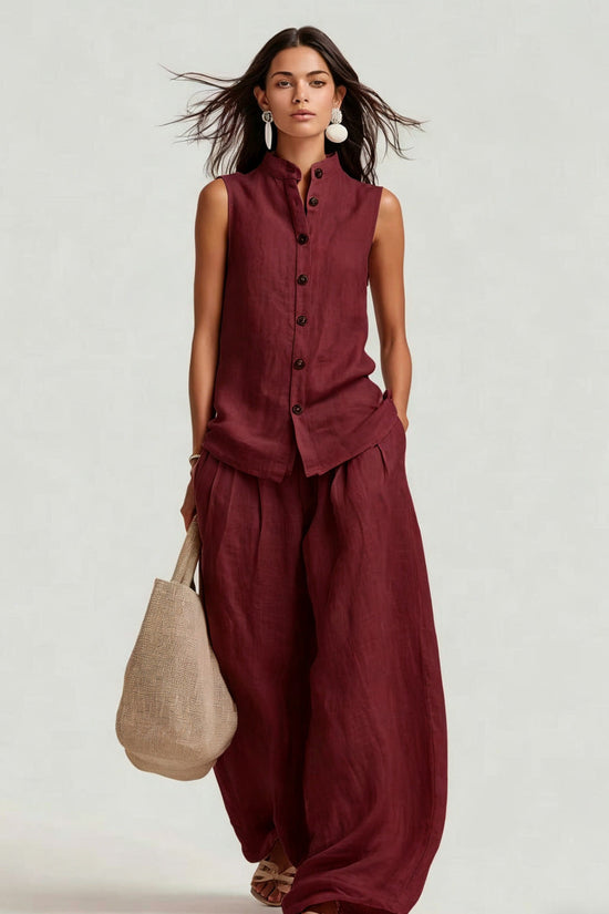 Stand-up Collar Sleeveless Shirt And High-waisted Wide-leg Pants Set 