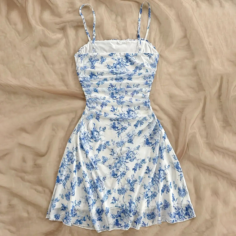 Women's Boho Floral Print Mini Dress Spaghetti Strap Ruched Ruffle Hem Vacation Sundresses CJ