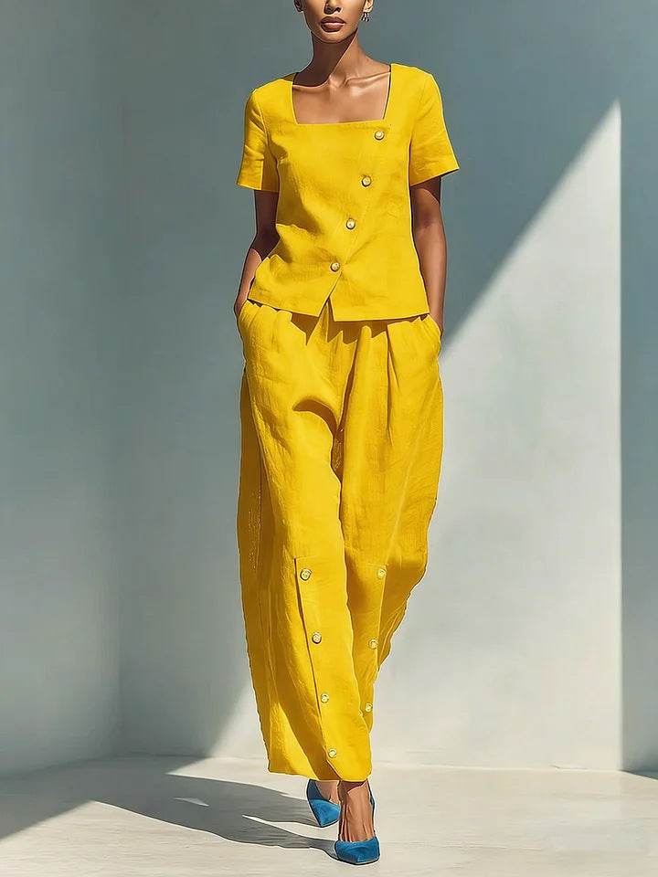 Womens Loose Short-Sleeve Top And High-Waist Pants Two-Piece Set 