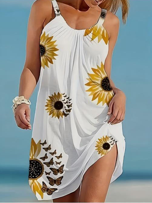 🌻 Plus Size Sunflower Print Sleeveless Wrap Dress FitiqueFit