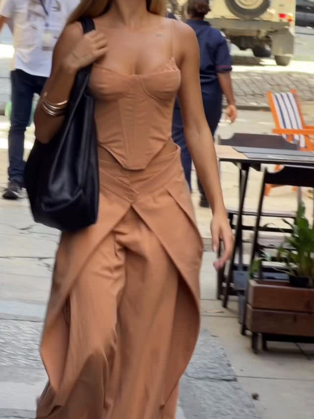 Women's Camel 2-Piece Set - Spaghetti Strap Corset Top & Wrap Waist Wide Leg Pants 