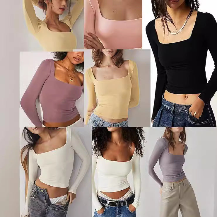Square Neck Milk Silk Pullover Long Sleeves 