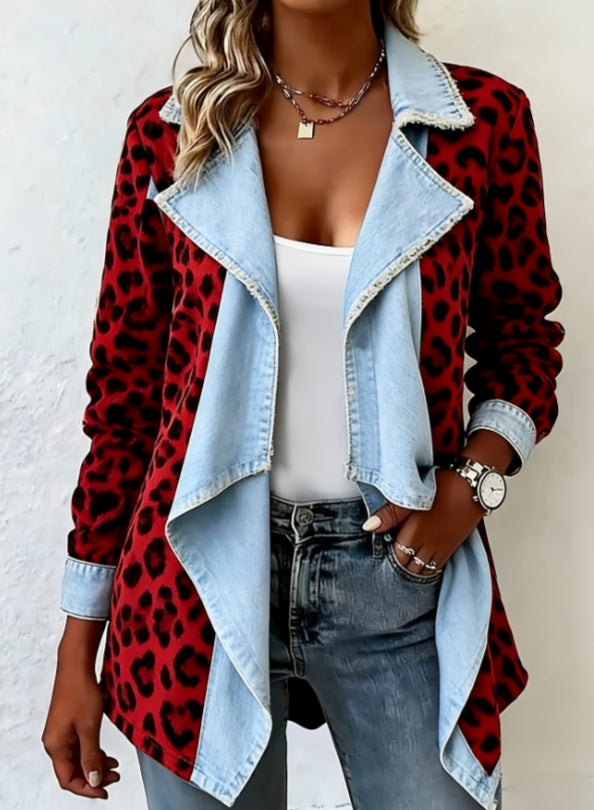 Patchwork Denim Collar Women's Long-sleeved Mid-length Coat 
