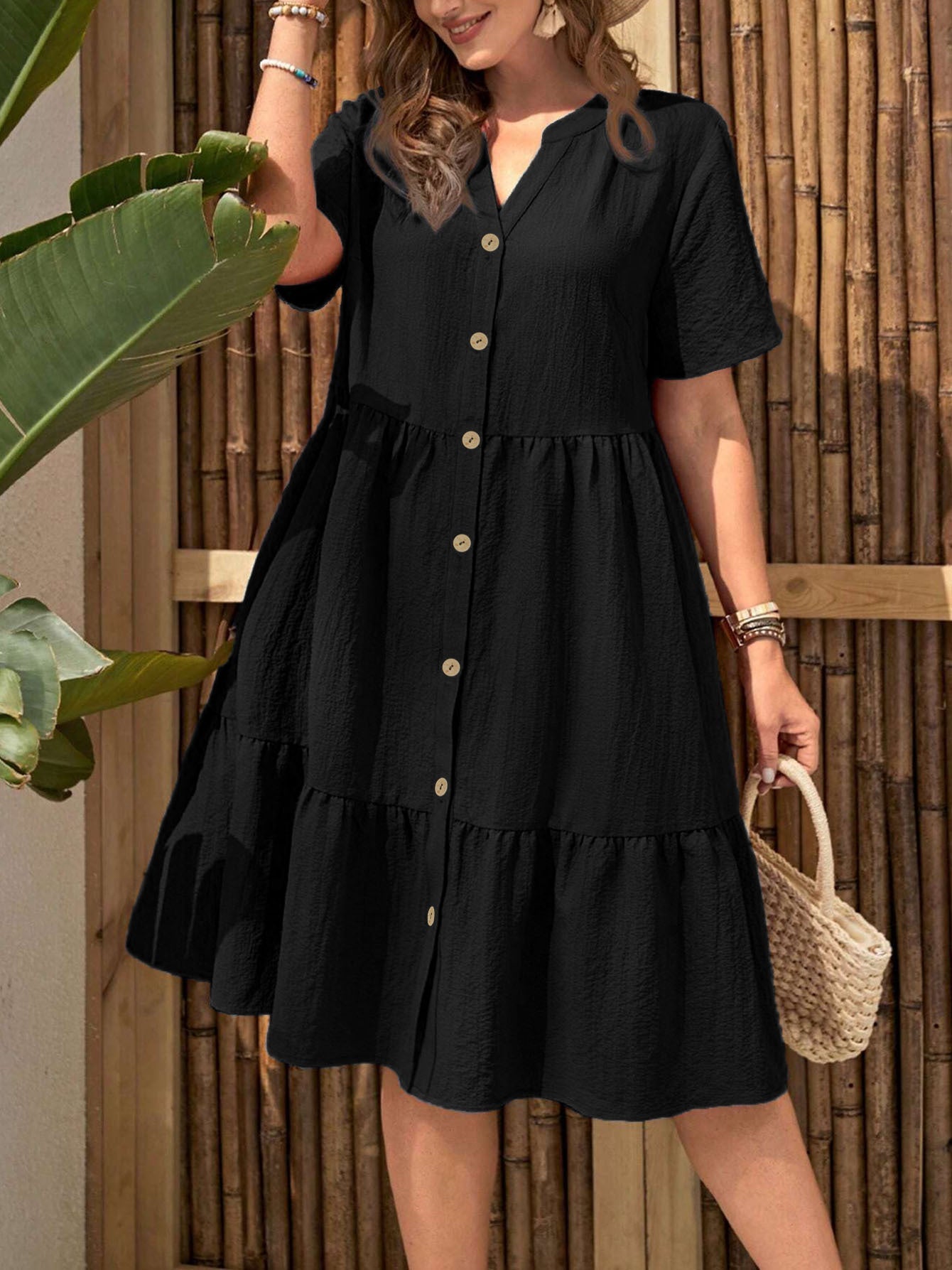 Women's Plus Size Buttoned Dress - Summer Casual V-Neck Short Sleeve Midi Dress CJ US