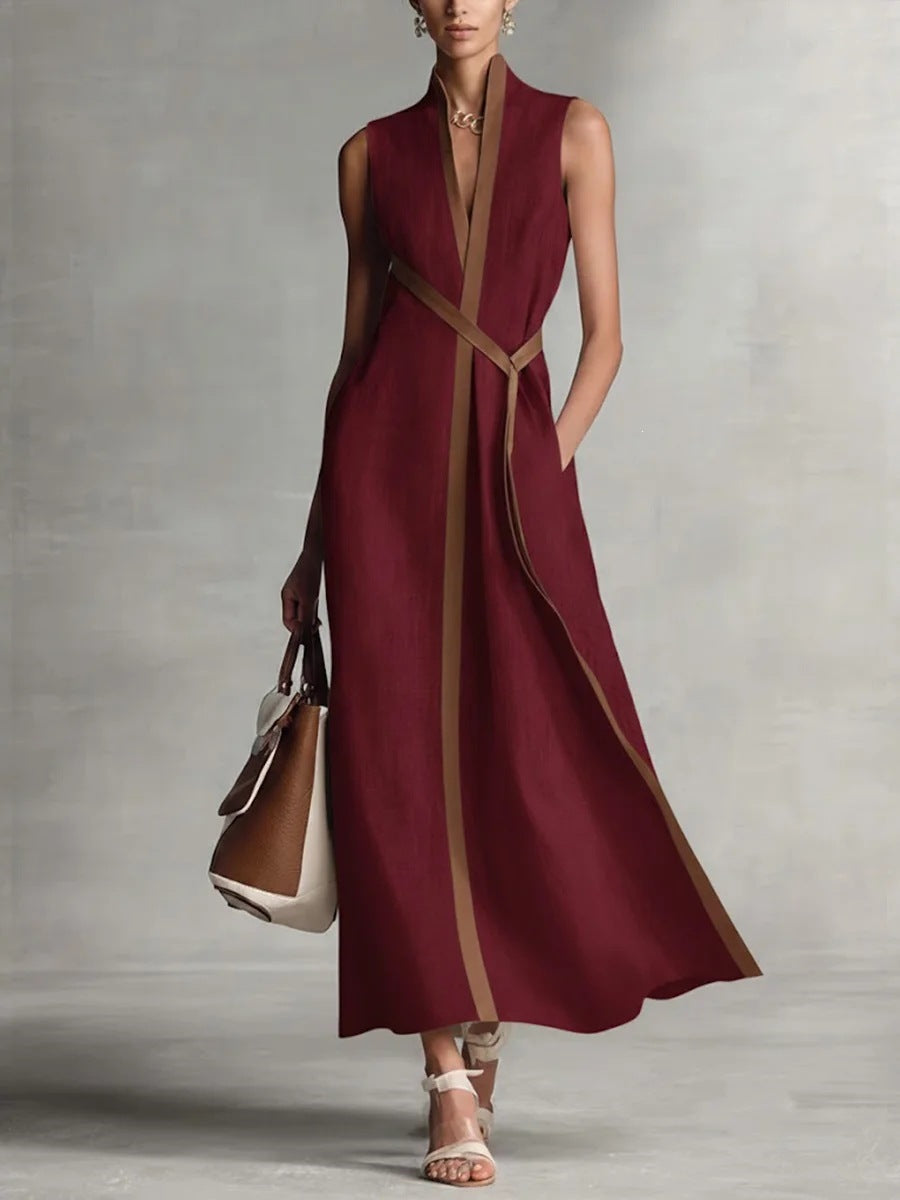Color Block Sleeveless Stand Collar Linen Blend Dress 