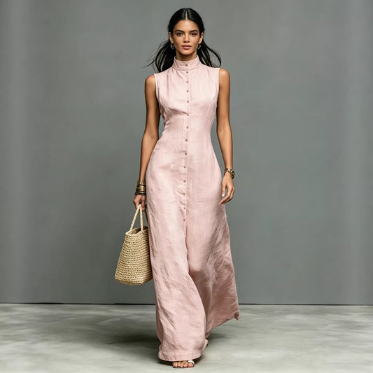 Blended Fabric Stand-up Collar Single-breasted Sleeveless Maxi Dress 