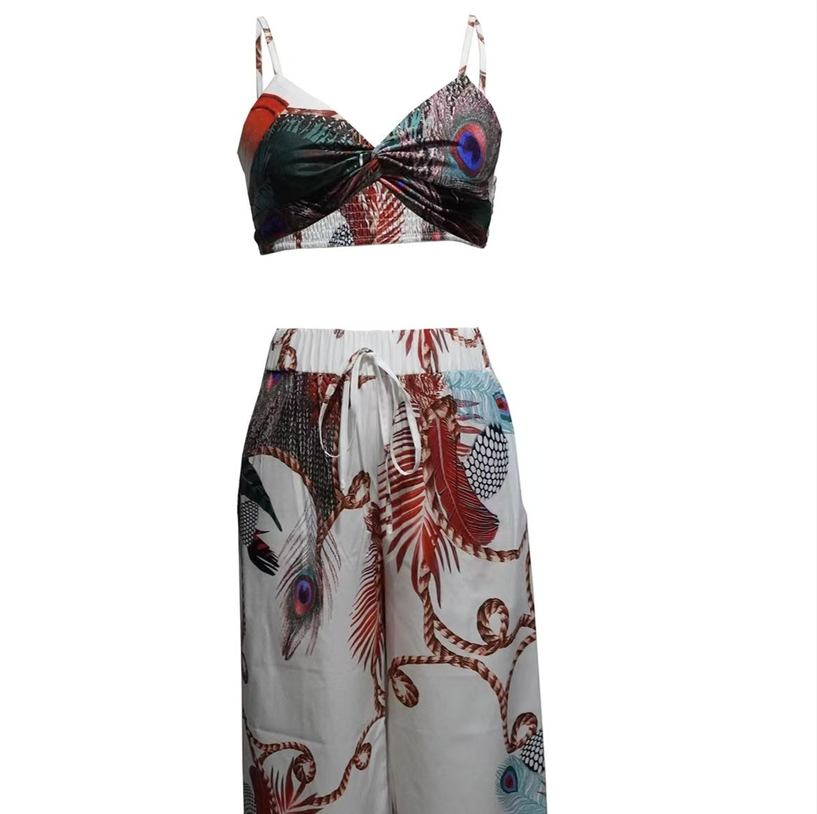 Women's Feather Printed Black Vacation Sexy Strap Pants Set CJ US