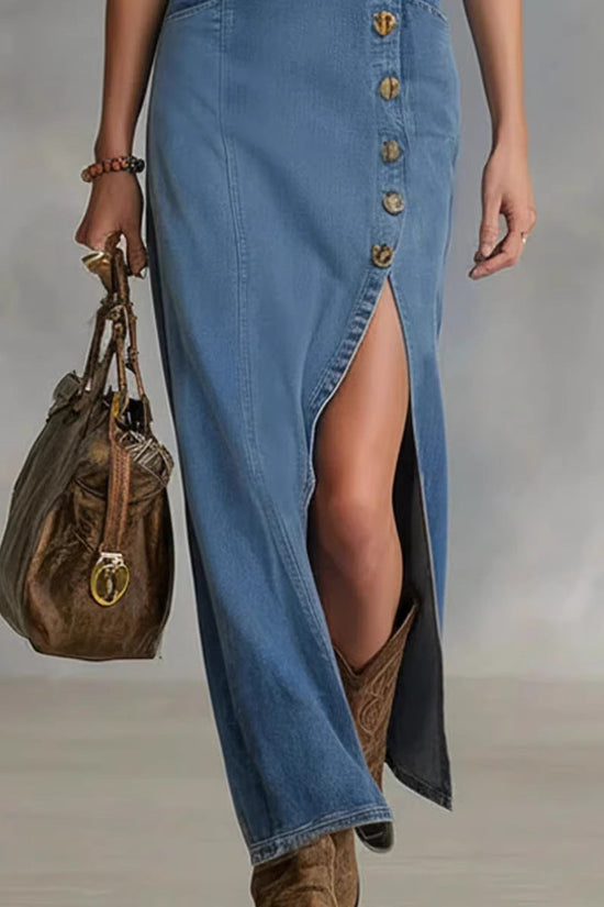 Button-front Sleeveless Denim Dress Vintage Style 