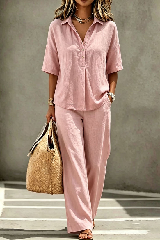 Womens Polo-Neck Button-Up Top And Wide-Leg Pants Two-Piece Set 