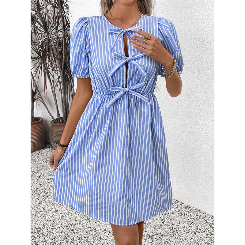 Women's Striped Tie Front Puff Sleeve Summer Casual Mini Dresses Loose Flowy Sundress CJ US