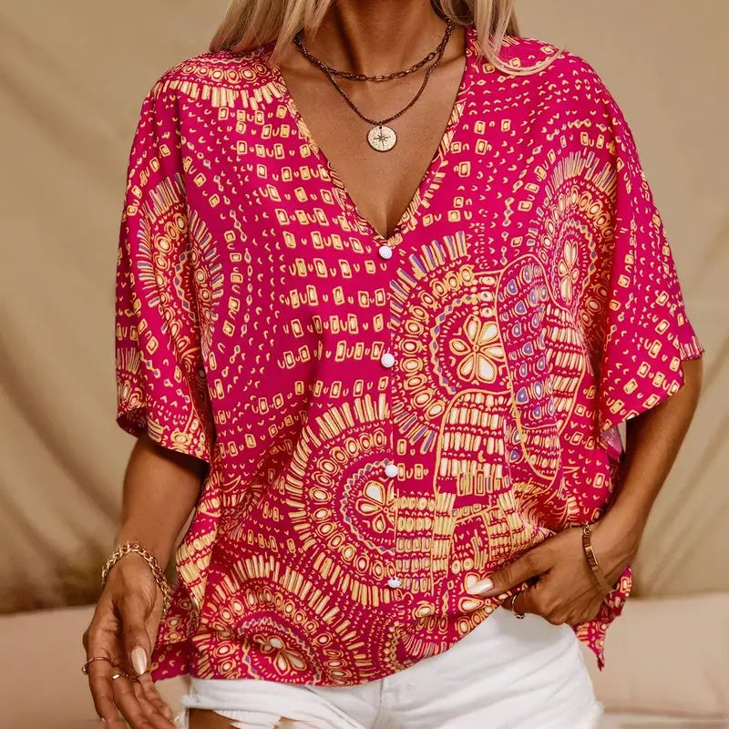 Women's V-Neck Mandala Print Blouse Short Batwing Sleeve Casual Vacation Top CJ US