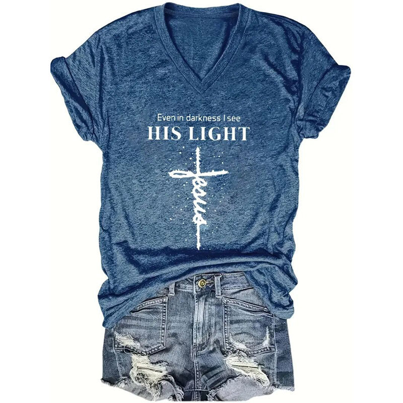 Women's V-Neck T-Shirt Geometric Cross & Stars Print Casual Summer Short Sleeve Top CJ