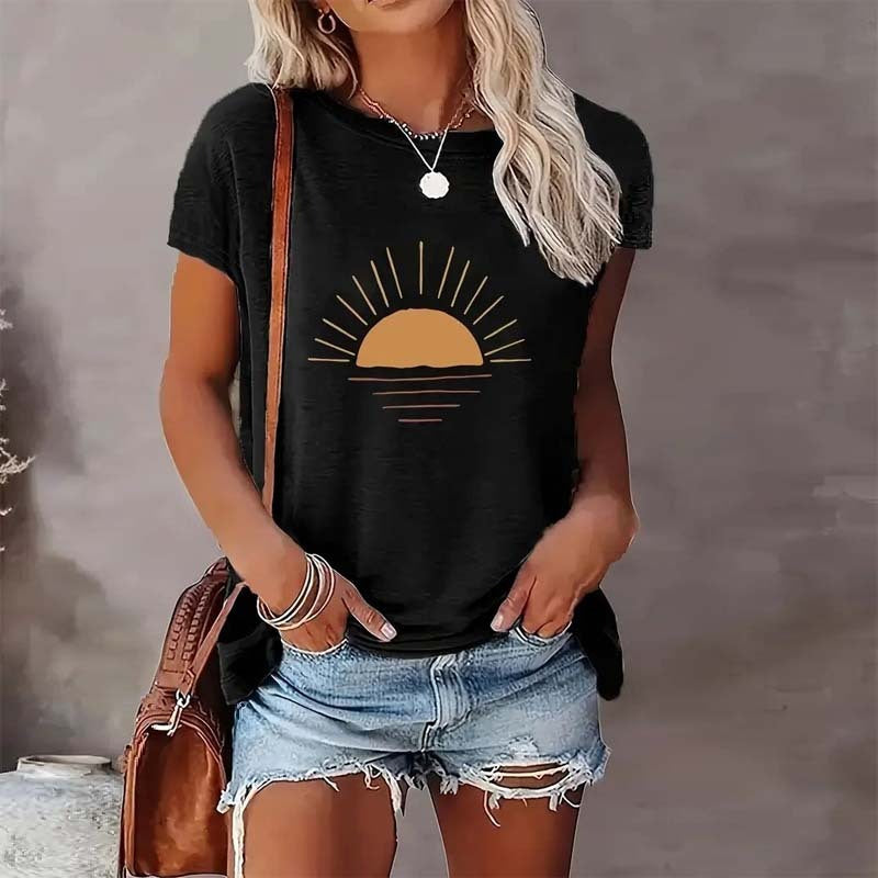 Women's Sunrise Print Round Neck T-Shirt - Casual Short Sleeve Summer Top CJ US