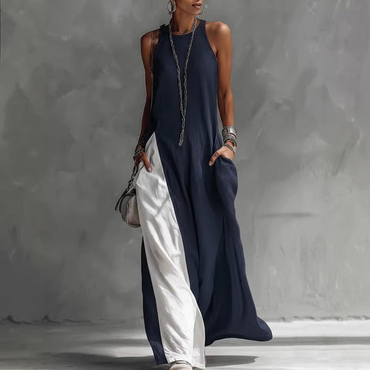 Sleeveless Loose Contrast Color Casual Off Shoulder Dress With Pockets 