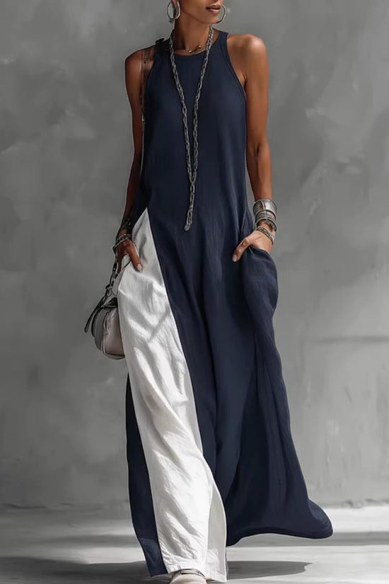 Sleeveless Loose Contrast Color Casual Off Shoulder Dress With Pockets 