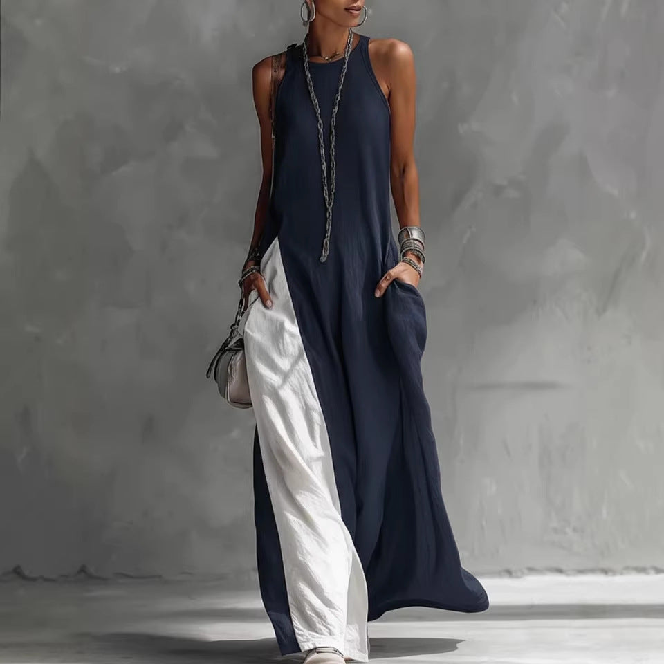 Sleeveless Loose Contrast Color Casual Off Shoulder Dress With Pockets 