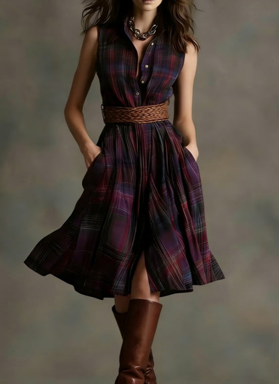 Plaid Collared Sleeveless Fitted Waist Dress 