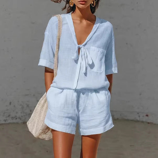 Summer New Solid Color Casual Cardigan Lace-up Short-sleeve Shirt Loose Shorts Set For Women 