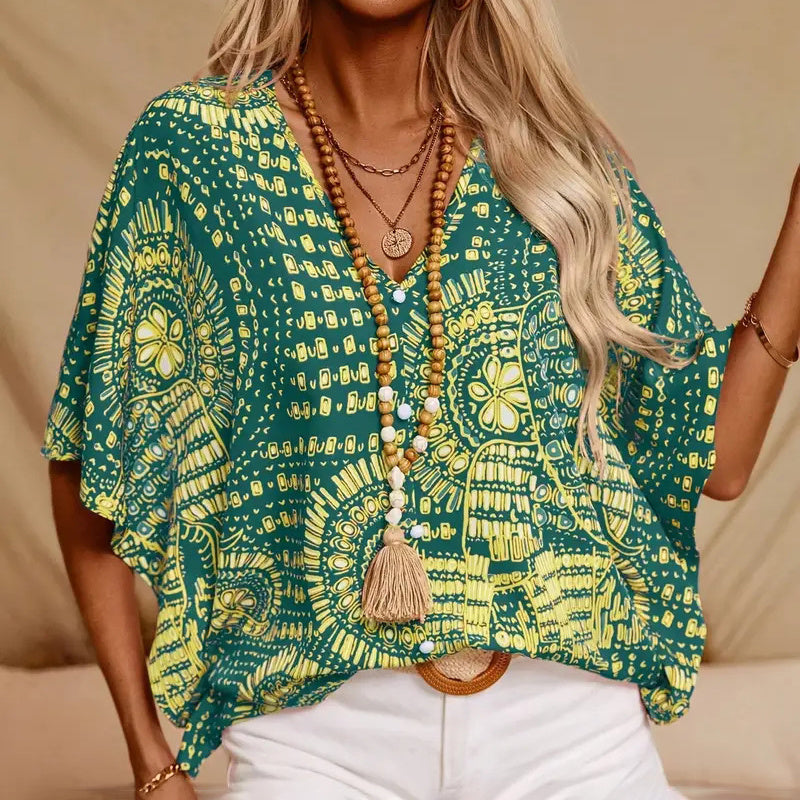 Women's V-Neck Mandala Print Blouse Short Batwing Sleeve Casual Vacation Top CJ US