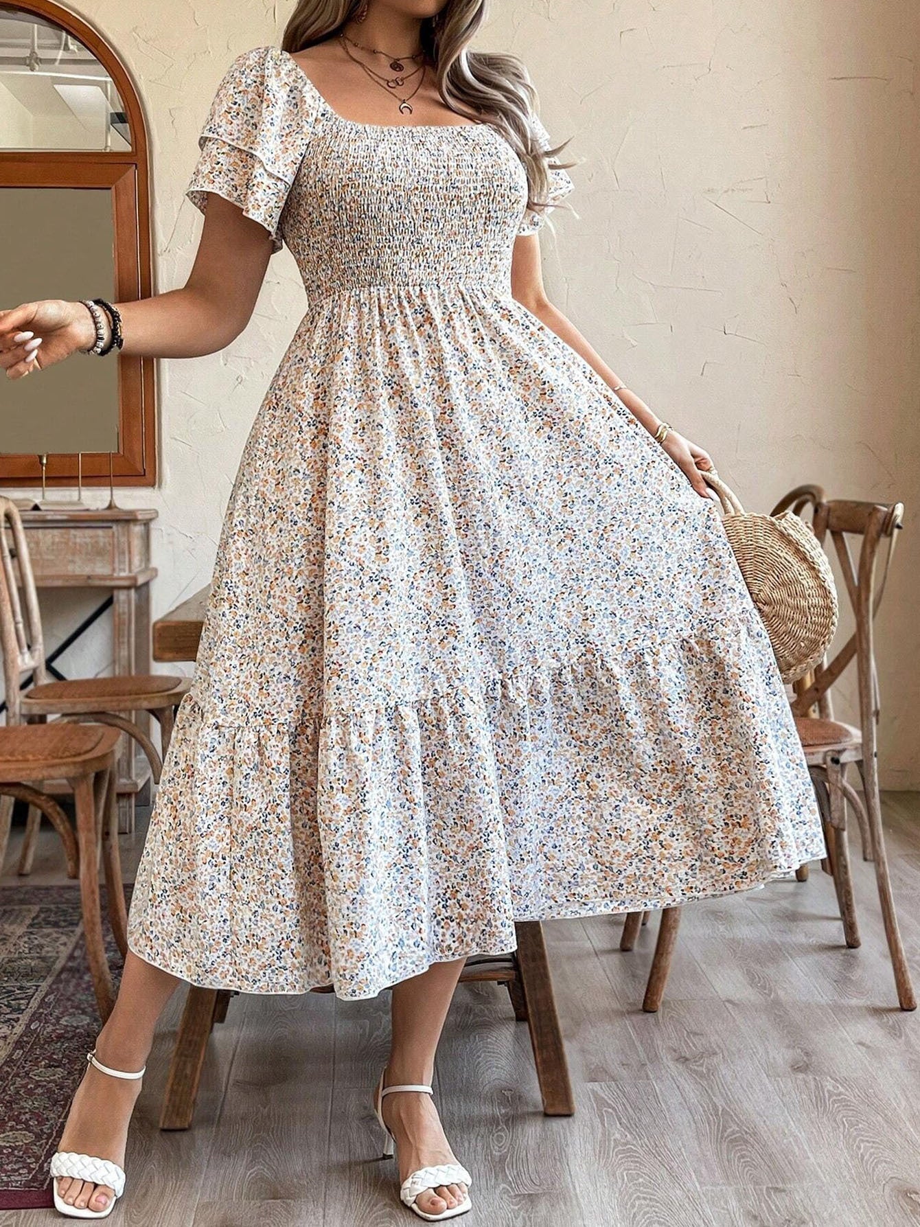 Women's Plus Size Backless Midi Dress For Summer Party - Elegant Pleated Printed Dress CJ US
