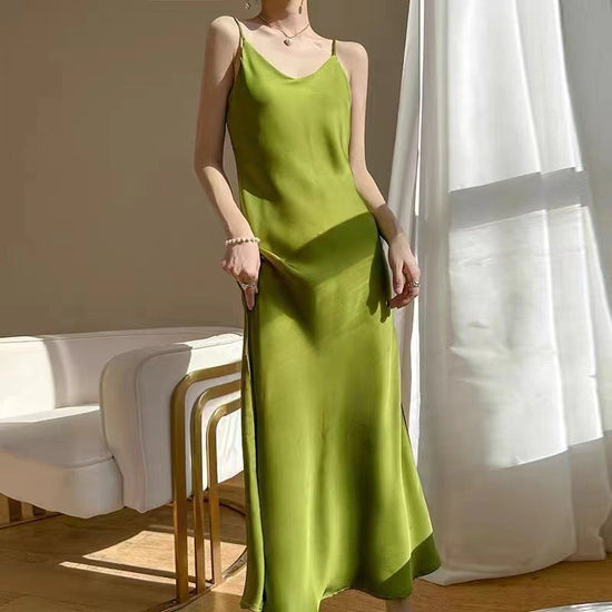 New Style French-Style Summer Acetate Satin Loose Strap Long Dress 