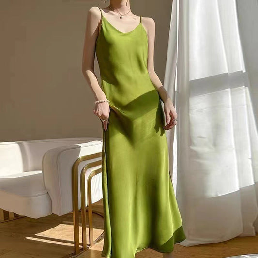 New Style French-Style Summer Acetate Satin Loose Strap Long Dress 