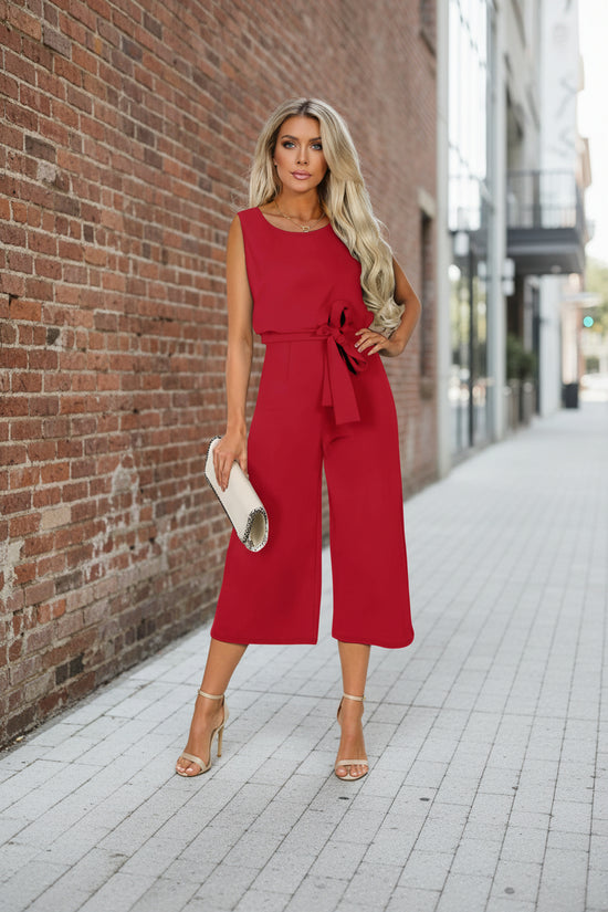 Belted V-Neck Short Sleeve Straight-Leg Jumpsuit – 3 Colors, S–2XL 
