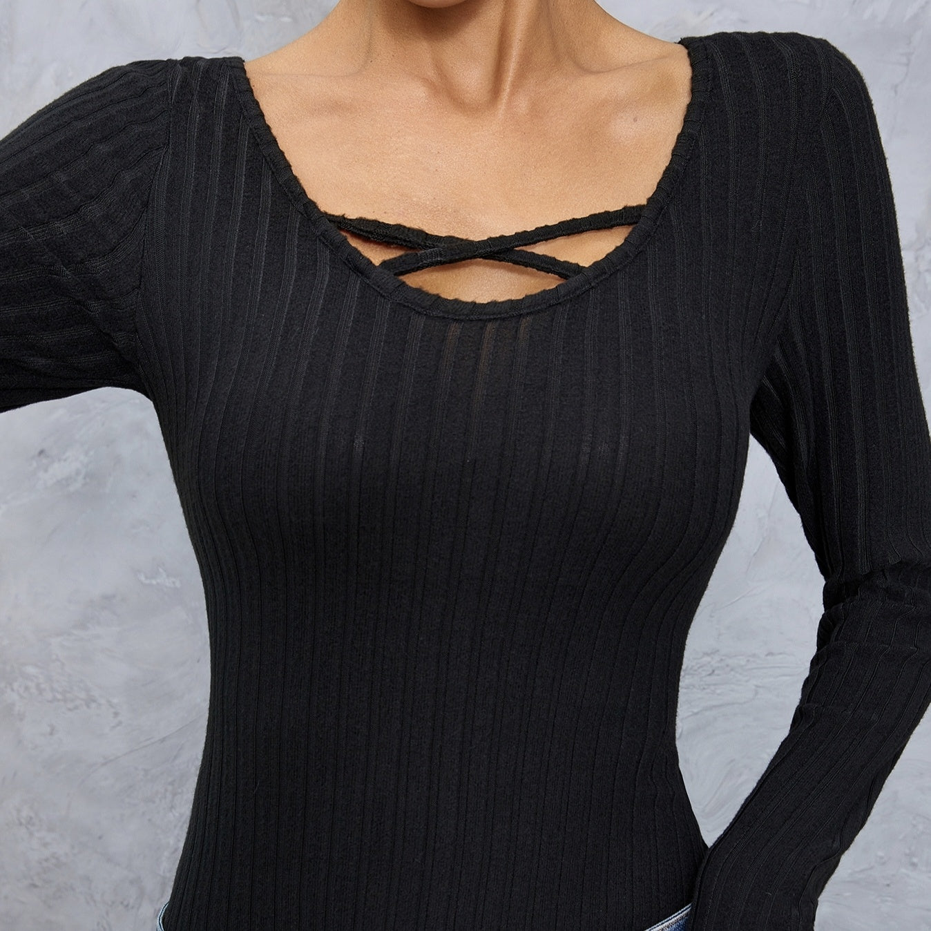 Ladies' Solid Color Collar Cross Design Slim Fit, Simple And Comfortable Elastic Long Sleeved T-shirt CJ US