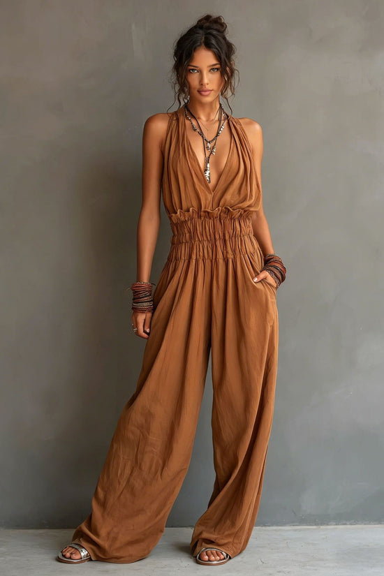 Strap-style V-neck Sleeveless Waist-cinching One-piece Suit 