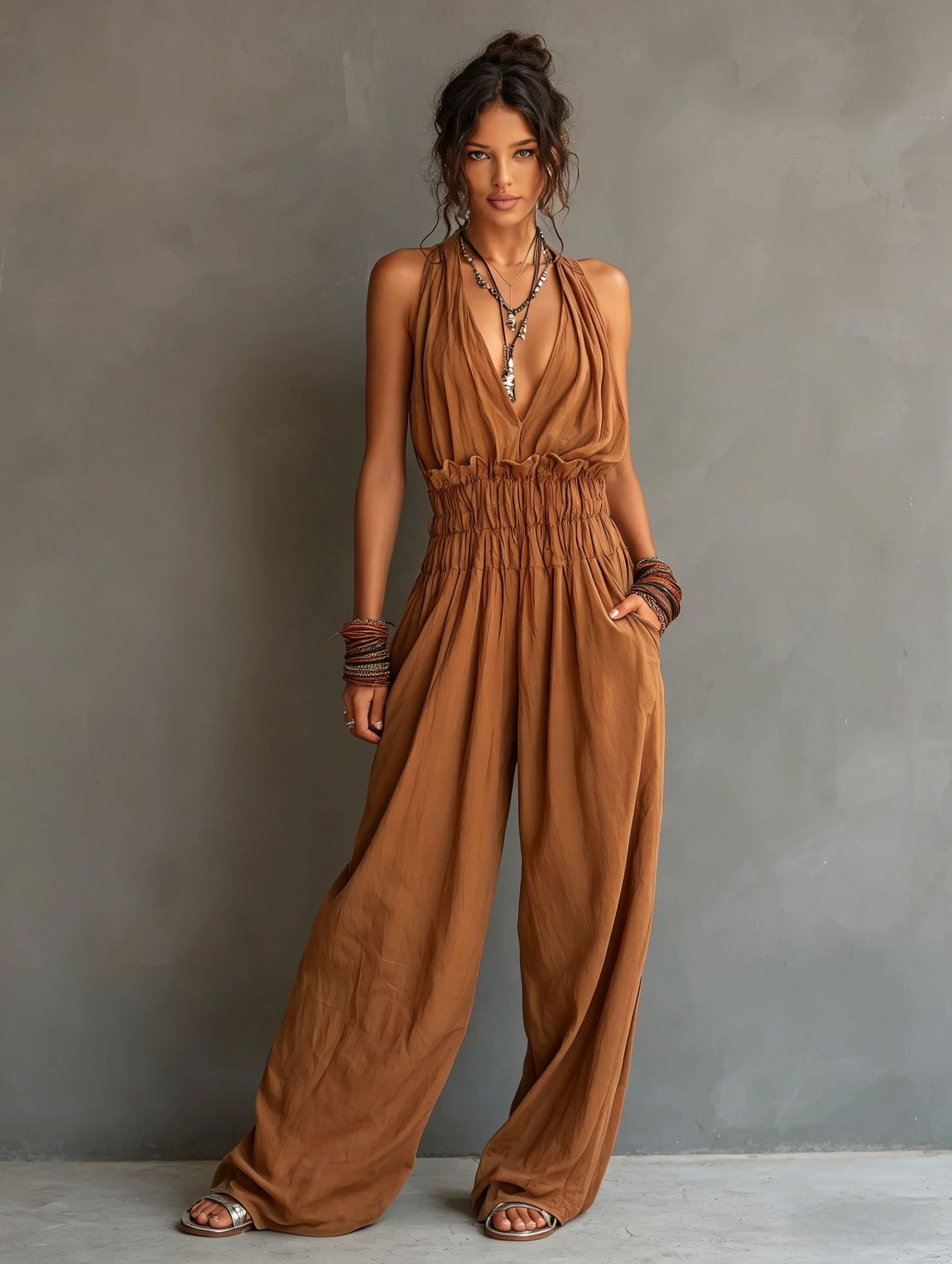 Strap-style V-neck Sleeveless Waist-cinching One-piece Suit 