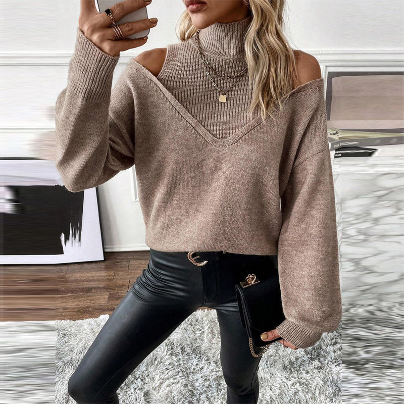 Women's Elegant Off-Shoulder Turtleneck Sweater, Solid Color Long Sleeve Knit Top For Autumn & Winter CJ US