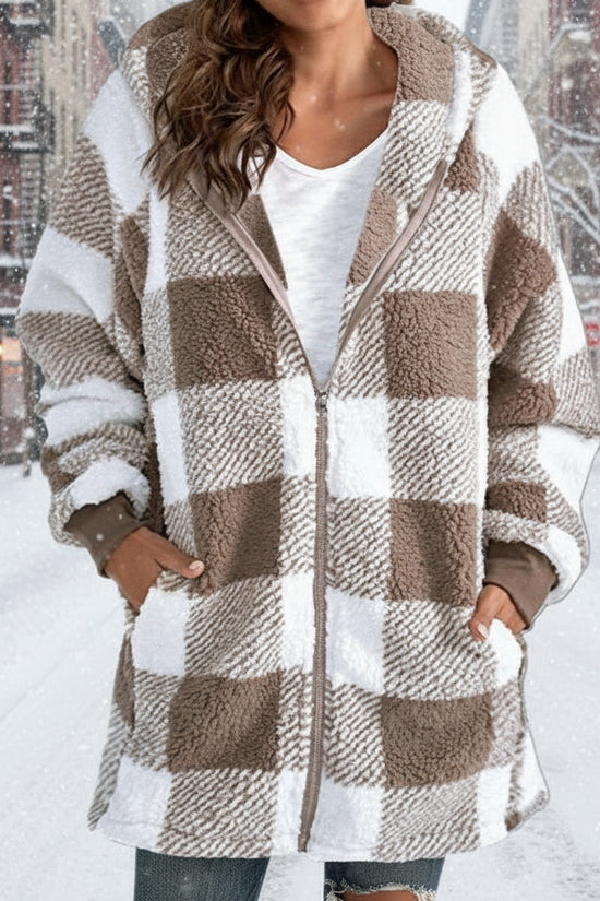 Women's Plaid Hooded Jacket, Long Sleeve Zip Up Oversized Coat With Pockets For Winter Casual And Commute CJ US