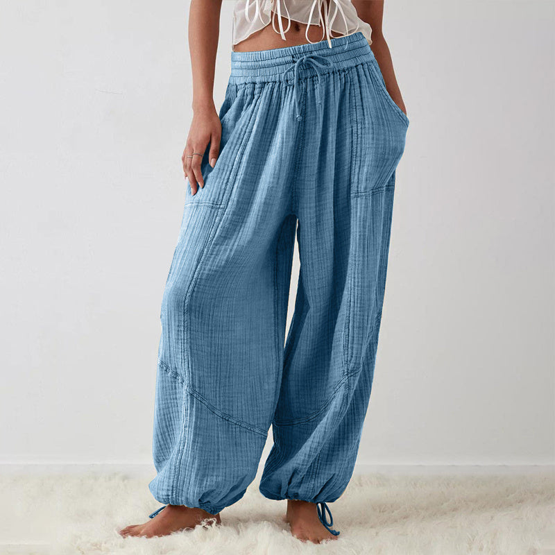 Women’s Solid Color Wide Leg Pants – Elastic Drawstring Waist and Side Pockets CJ US