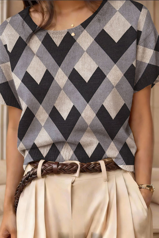 Retro Short-Sleeve Sweater Contrast-Color Jacquard Knit Top 