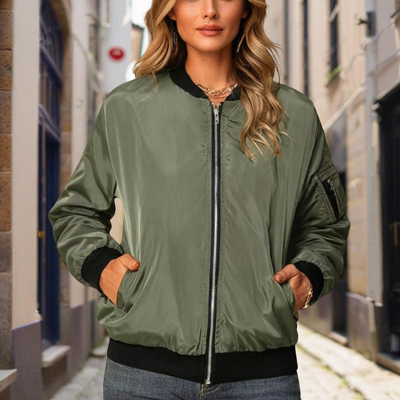 Women's Zippered Long-Sleeve Stand Collar Jacket Color-Blocked Spring & Fall Fashion Minimalist Top CJ