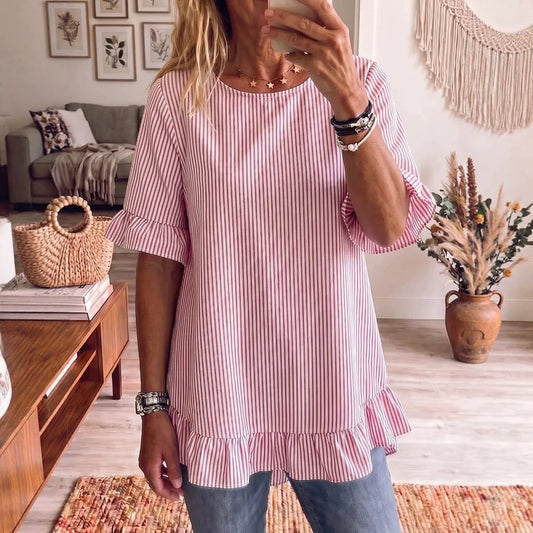 Womens Striped Loose-fit Casual Ruffled-edge Blouse 